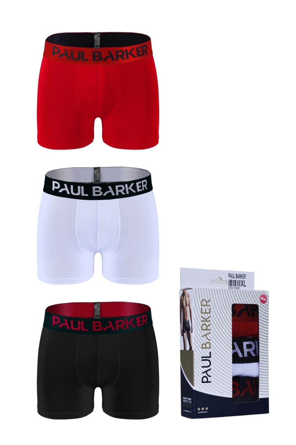 Paul Barker 3'lü Erkek Boxer Seti – Kırmızı, Siyah, Beyaz – Pamuklu & Esnek Kumaş, Regular Fit