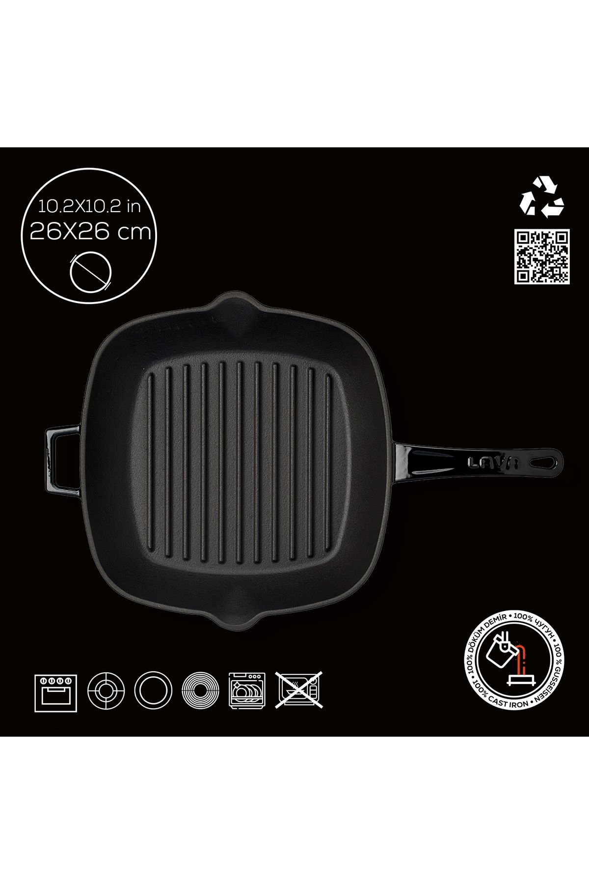 Lava-Cast Square Grill Pan Cast Iron Solid Handle Size 26x26cm 4