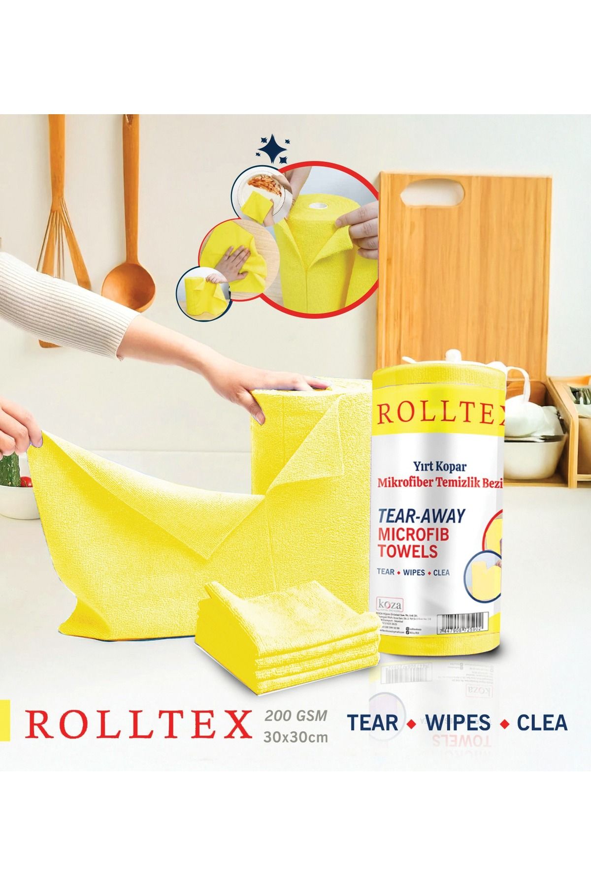 ROLLTEX Çok Amaçlı Yırt Kopar Rulo Mikrofiber Temizlik Bezi 30x30cm 20 Yapraklı