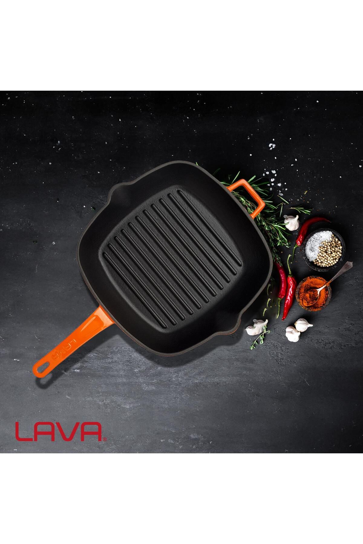 Lava-Cast Square Grill Pan Cast Iron Solid Handle Size 26x26cm 7
