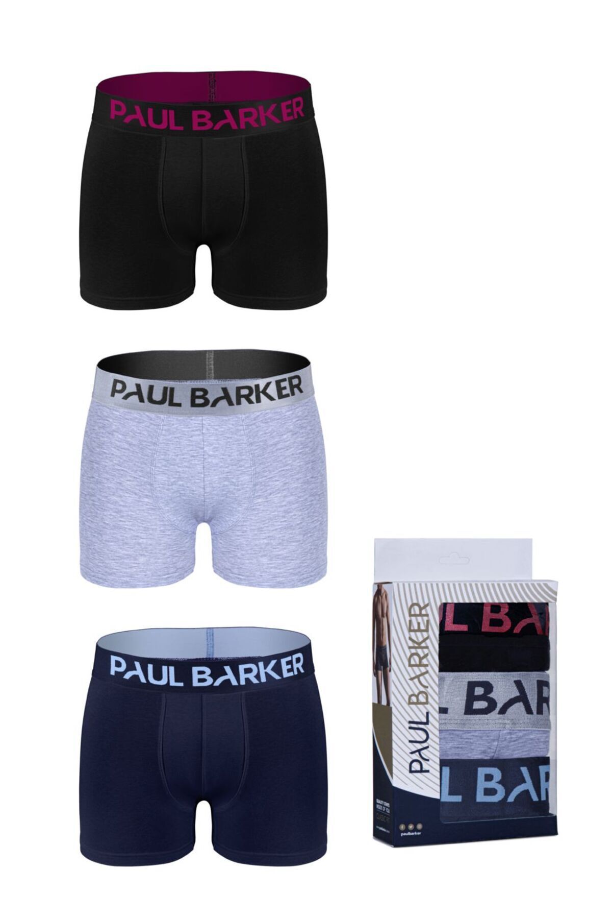 Paul Barker 3'lü Erkek Boxer Seti – Siyah, Gri, Lacivert