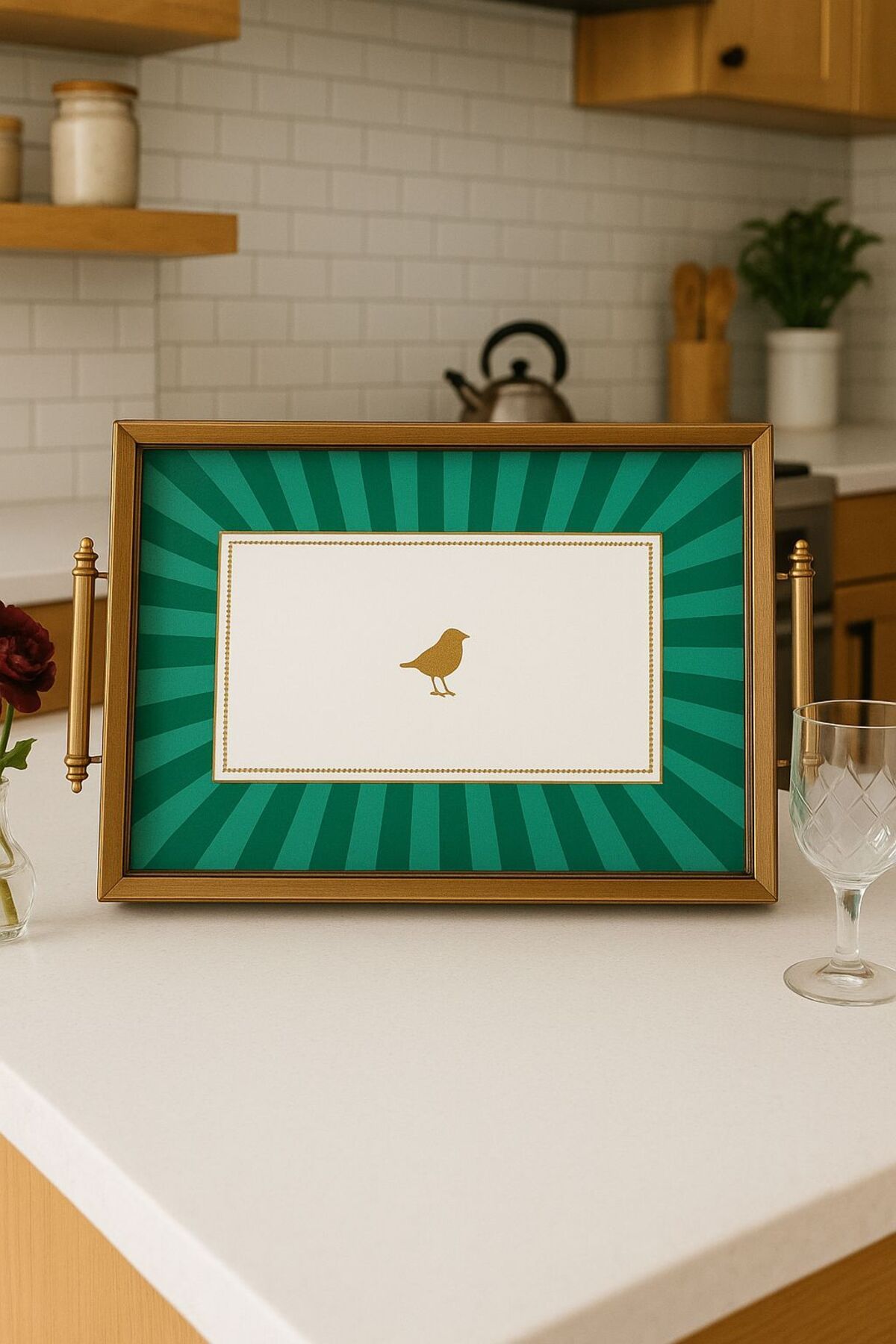 Onedekor Iwon Green Bird Çerçeveli Tepsi