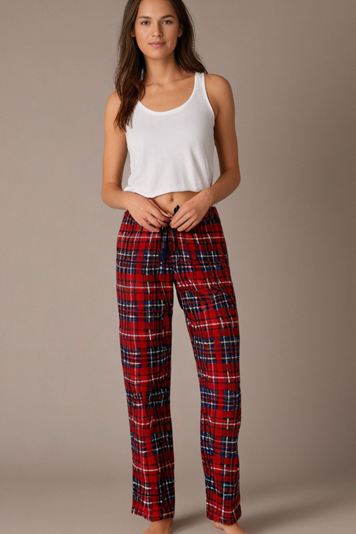 Elemge Kadın Kırmızı Pijama Altı Süet Kumaş Ekoseli Rahat Kalıp Kurdeleli Esnek Yumuşak Doku Cepsiz