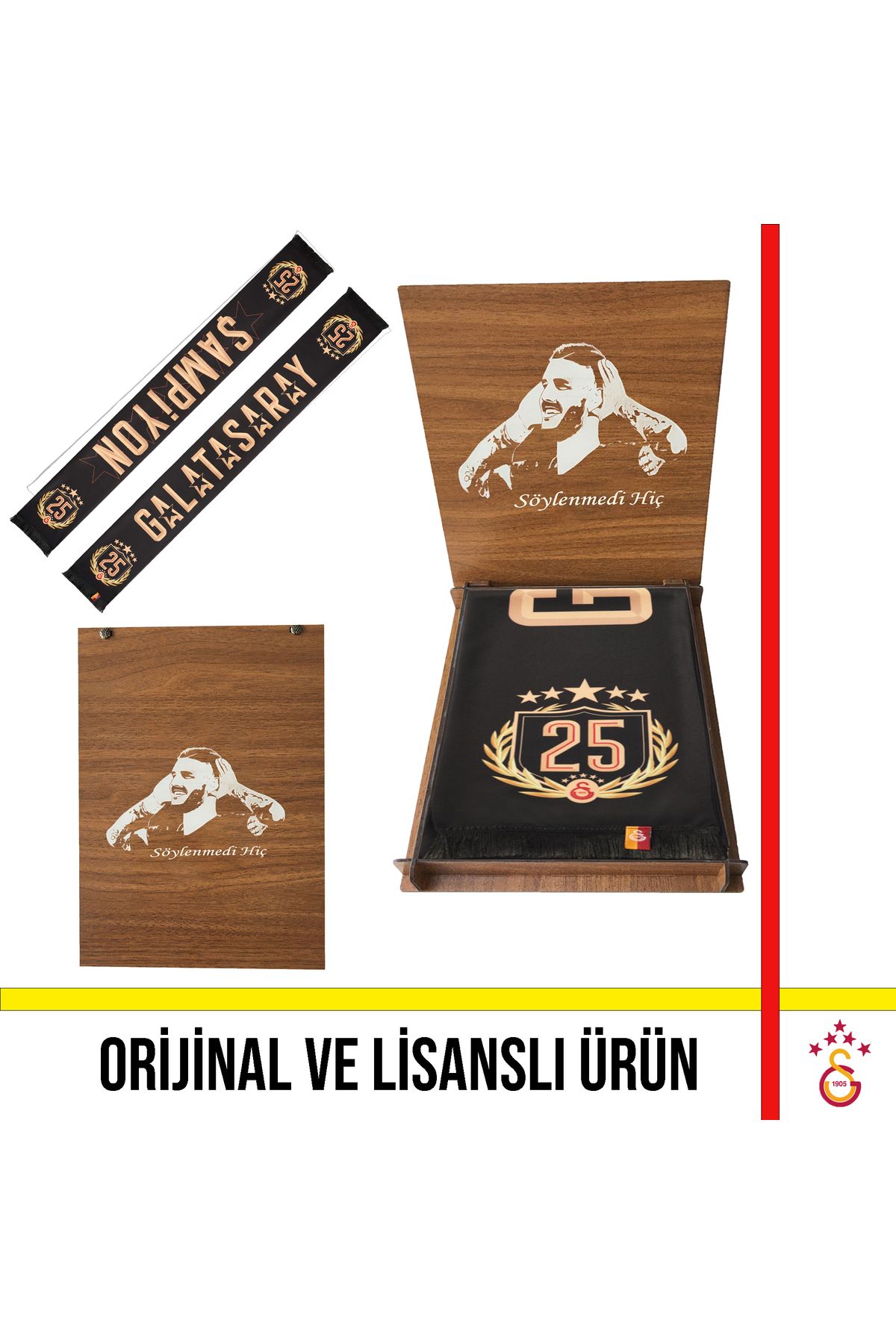 Galatasaray Lisanslı Özel 2025 Şampiyonluk Şal Atkı Icardi Ahşap Kutulu