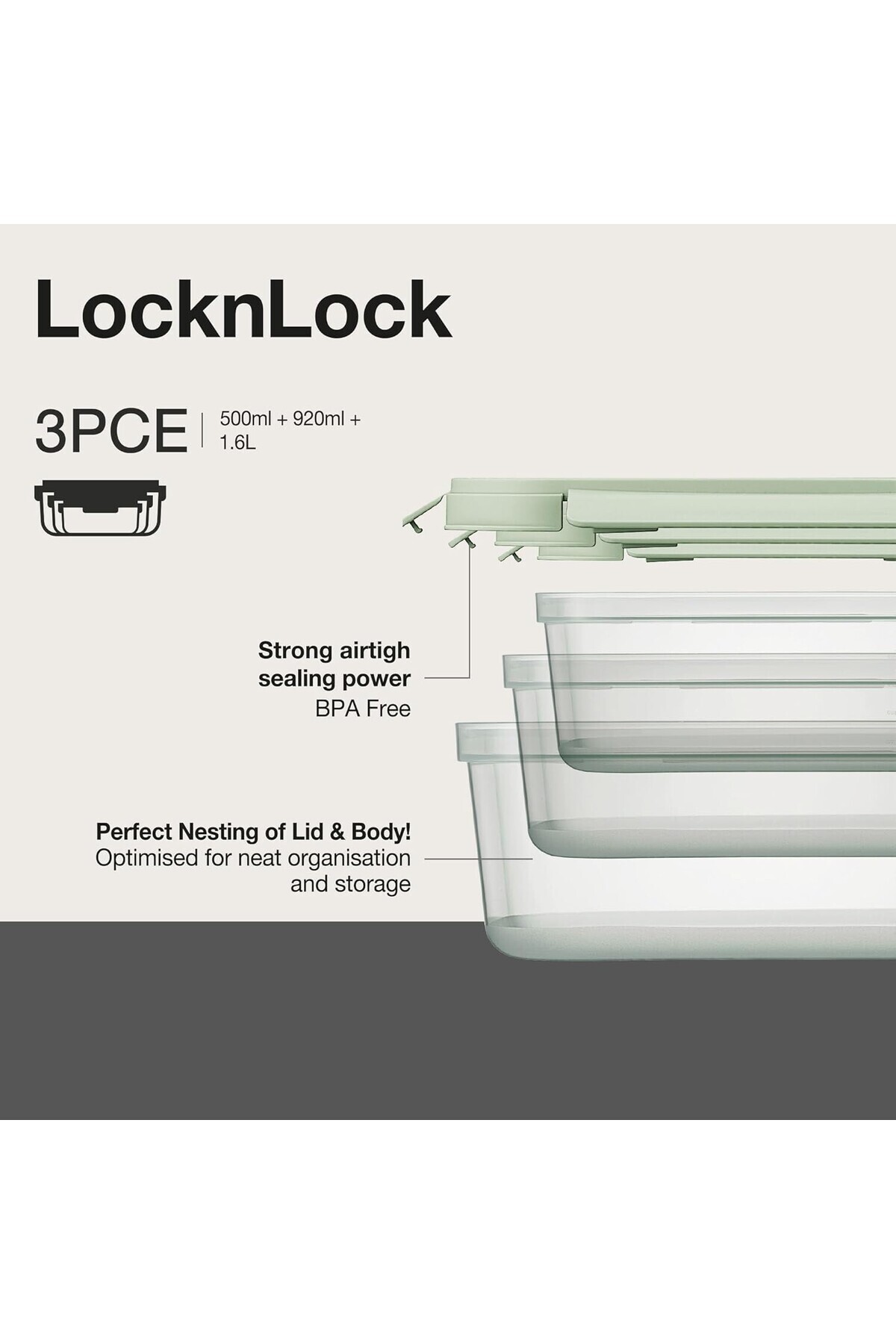 locknlock-Nestopia Set of 3 Airtight Containers (500ml+920ml+1.6L) 3