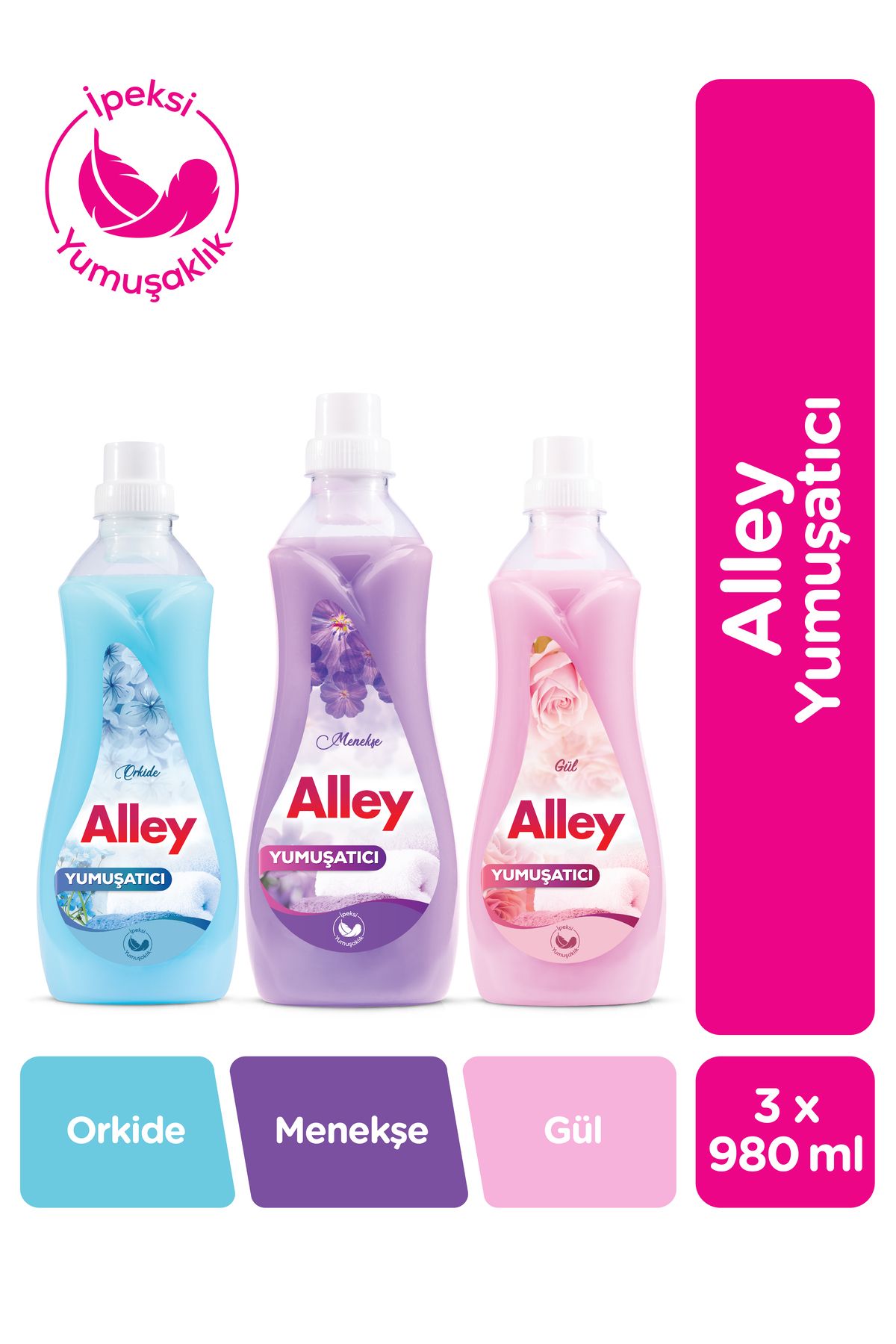 alley 3'lü Yumuşatıcı Seti 980 ml - Gül, Menekşe, Orkide | İpeksi Yumuşaklık ve Kalıcı Ferahlık