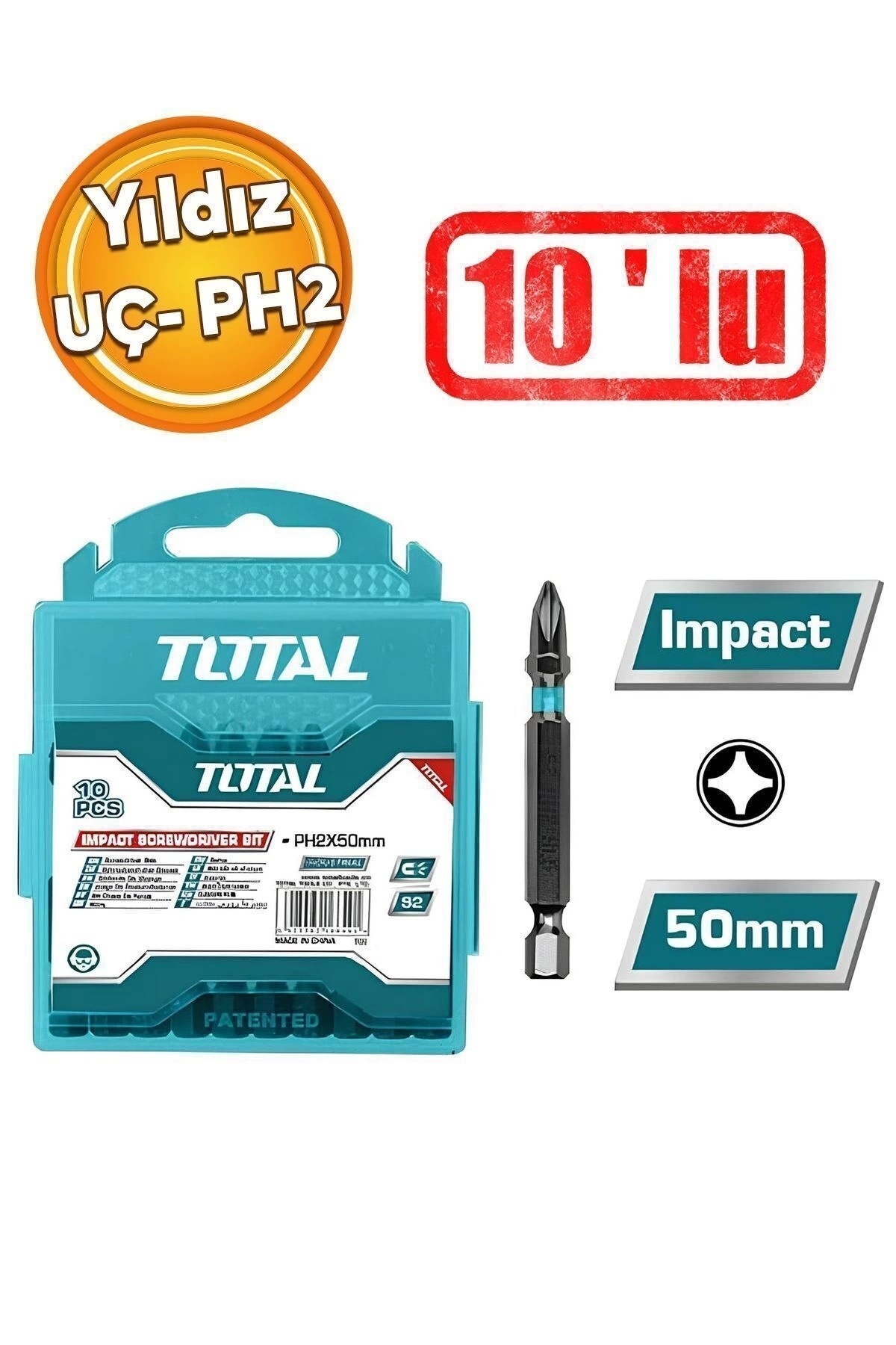 TOTAL Bits Uç Ph2 50 Mm Vida Sökme 5 Cm Yıldız Matkap Vidalama Ucu S2 Çeliği Mıknatıslı 10 Adet