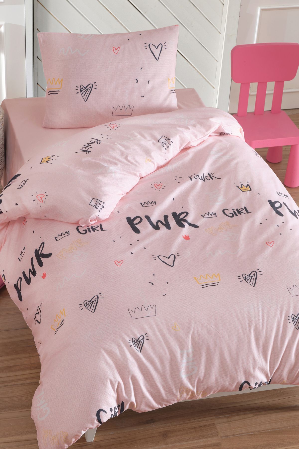 Eponj Home Tek Kişilik Pamuklu Nevresim Takımı 3 Parça – Power Desen – Pembe / Yumuşak Dokulu