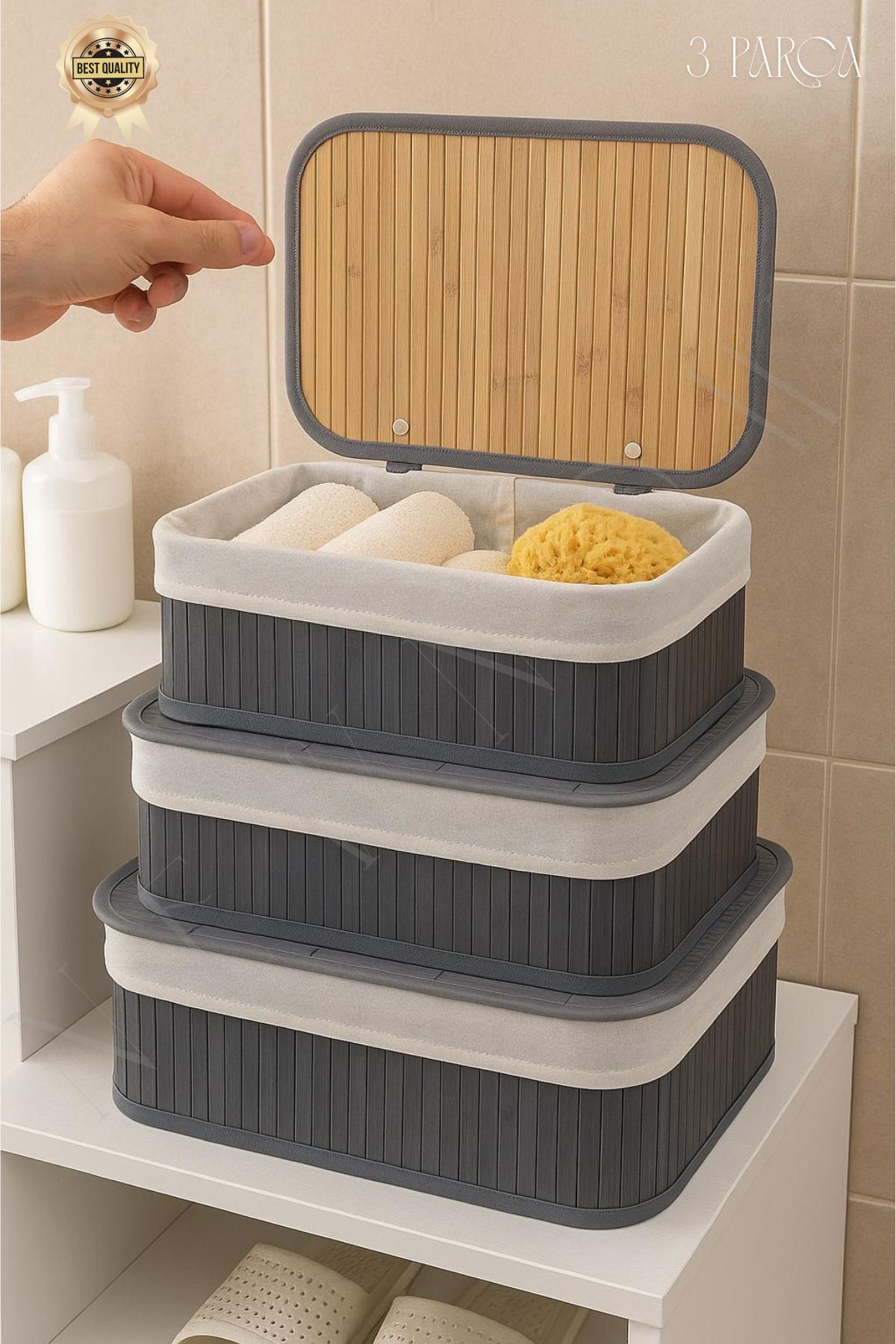 NEWNOW SoftLines Bambu Kapaklı Banyo ve Ev İçi Düzenleyici Kutular 3 lü Set