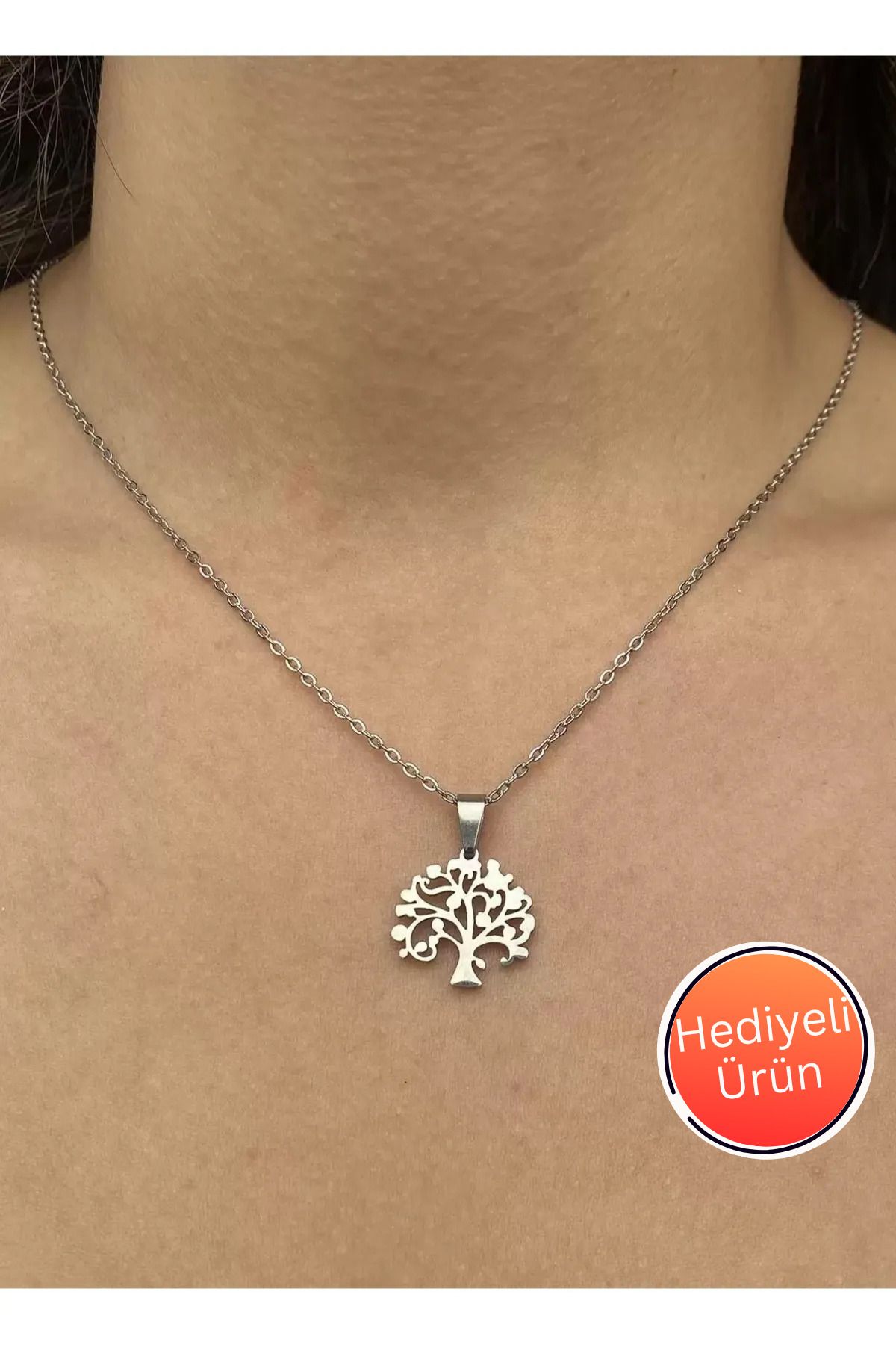 TAYEM Çelik Kolye, Gümüş Renk Ağaç Figürlü