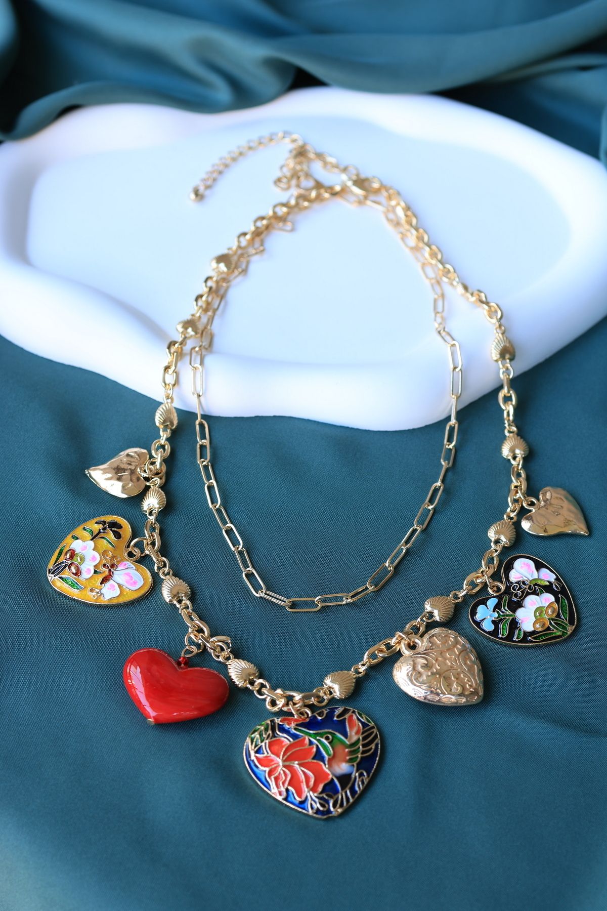 FİRST JEWELRY Renkli Kalp Charmlı 2'li Gold Kolye