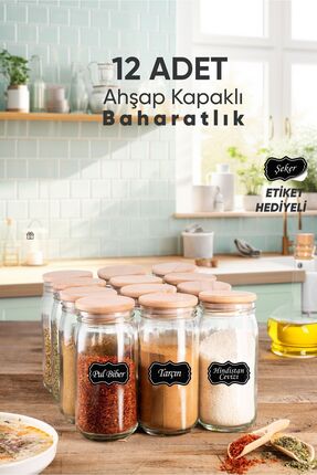 LUX ET AMOR 12’li 370 ml Cam Baharatlık Seti | Ahşap Kapaklı & Etiket Ve Mini...