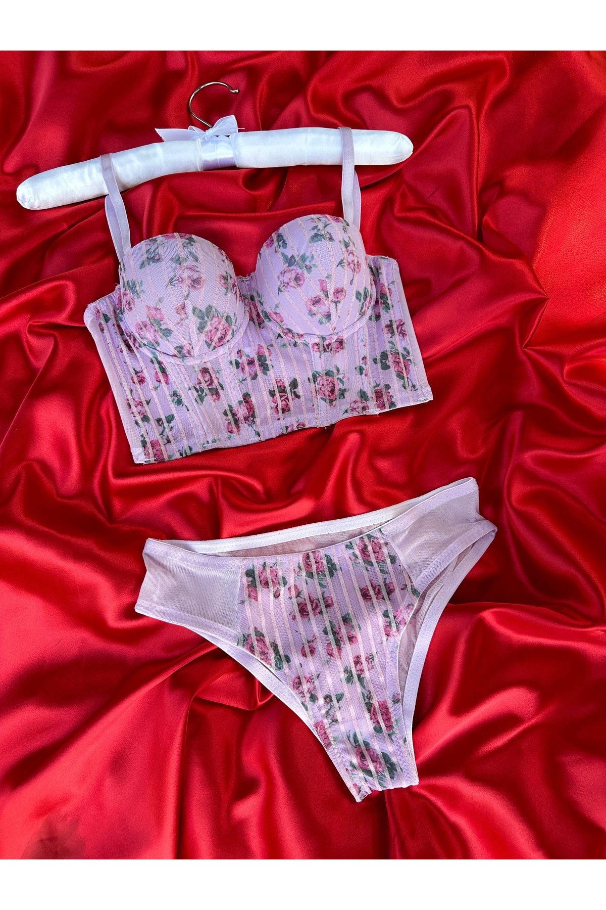 last summer Simli Çiçek Desenli Lila Bralet Takım