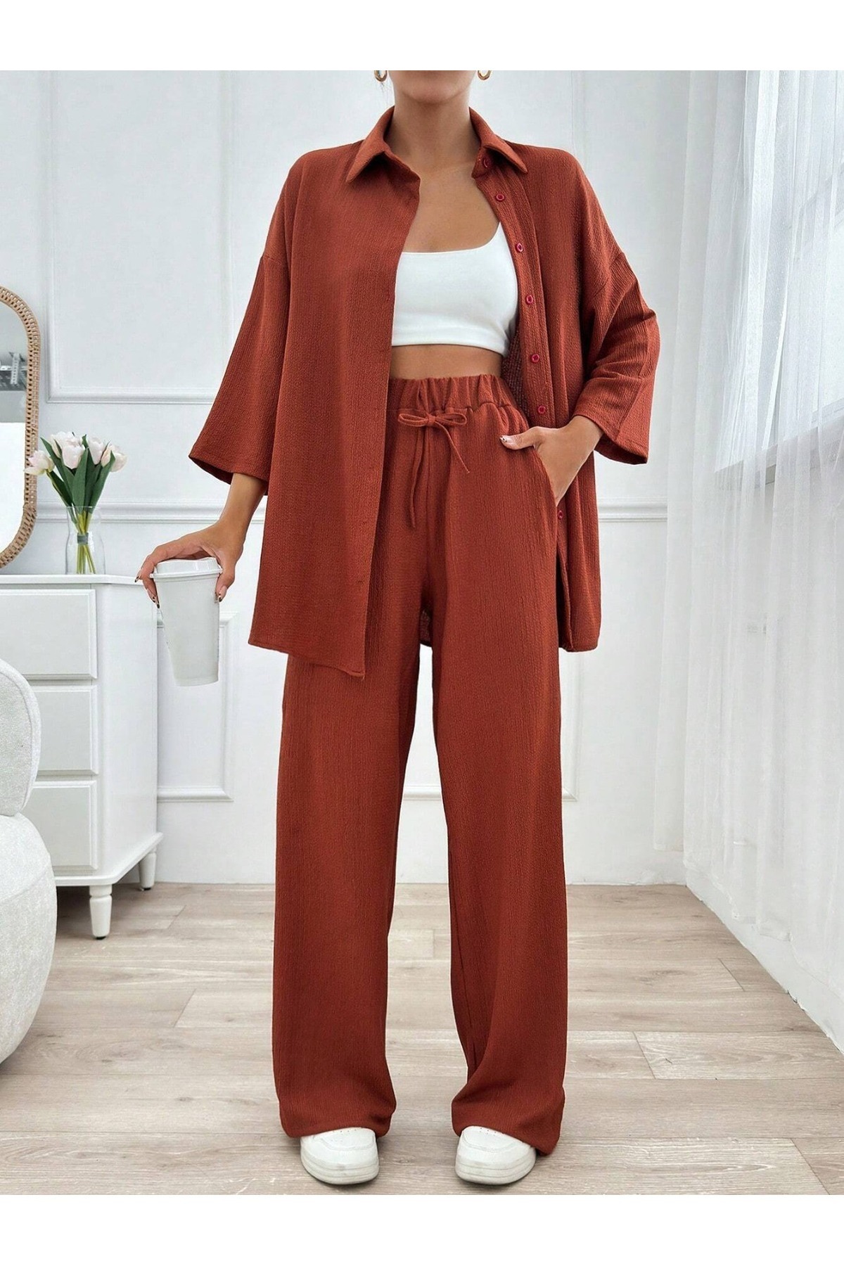 only moon Women's Clothing Wrinkle Fabric Shirt Pants Suit, Two-Piece Suit, Suitable for Hijab