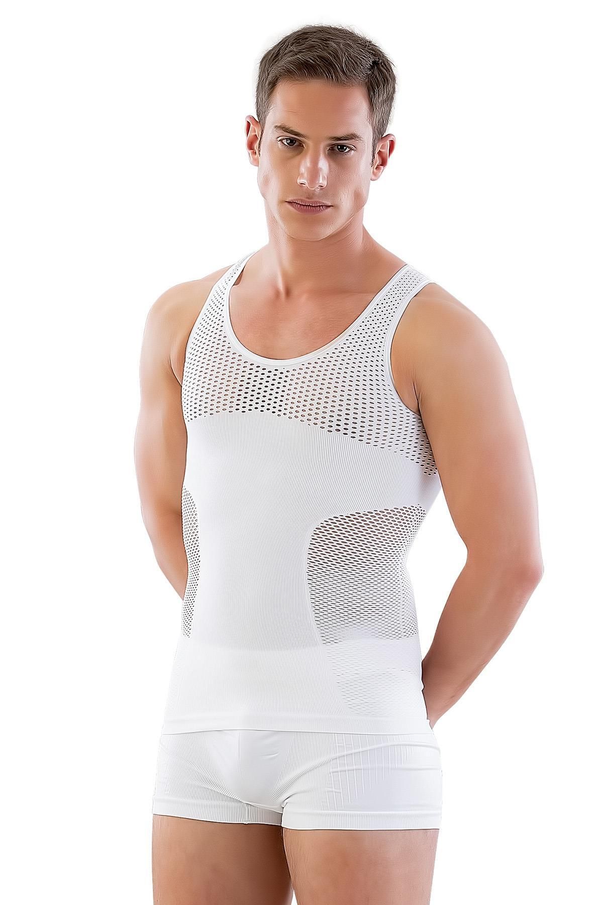 Emay-White Mi E1006 Mesh Men's Corset Undershirt 1