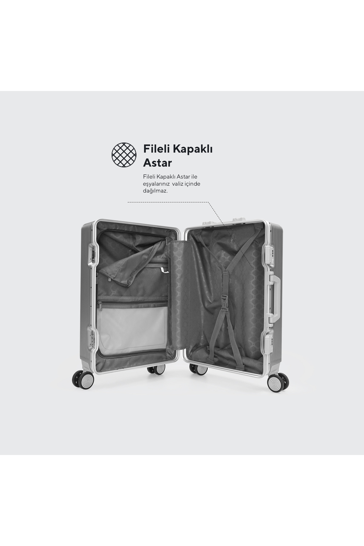 Monnat  ALC-625 ALUMİNYUM ÇERÇEVELİ GÜMÜŞ POLİPROPILEN KIRILMAZ//SESSİZ TEKER KABİN BOY PREMIUM VALİZ - Görsel 3