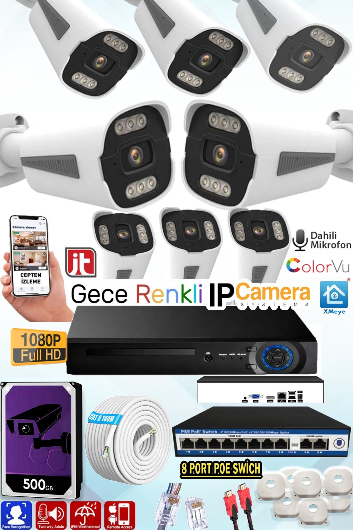 jetucuzal 8 Kameralı IP Set 500GB 8090 5MP Mikrofonlu HD Gece Renkli Güvenlik Kamerası Sistemi -Cepten izle
