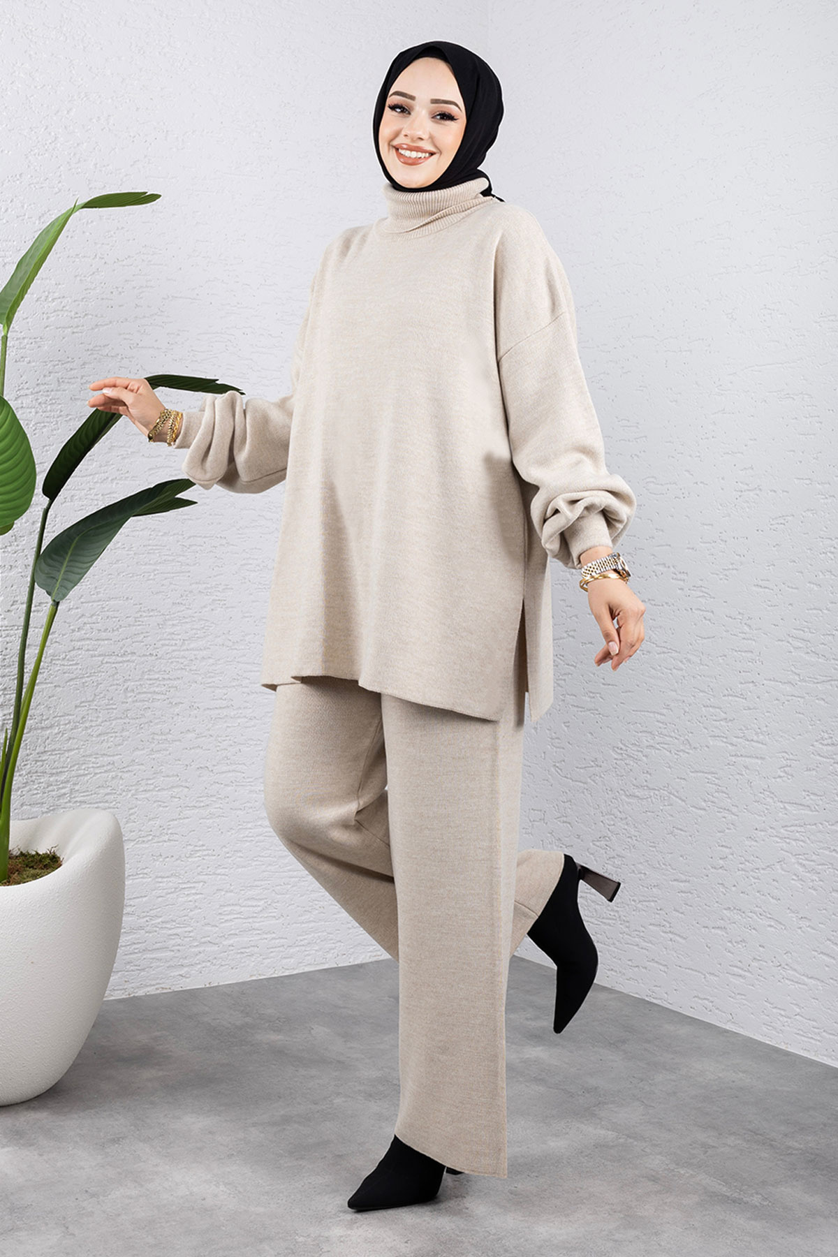 Tesettür Dünyası-Beige Balloon Sleeve Knitwear Set - Tsd 240952 4