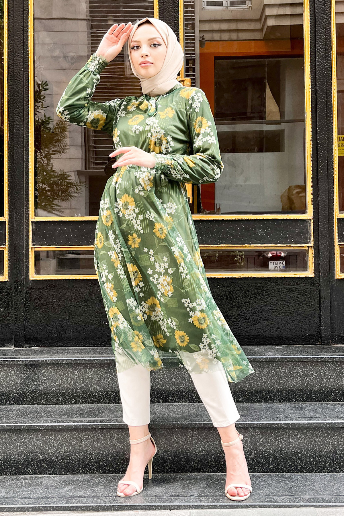 Tesettür Dünyası-Blumenmuster-Tüll-Tunika Tsd220809 Khaki 3