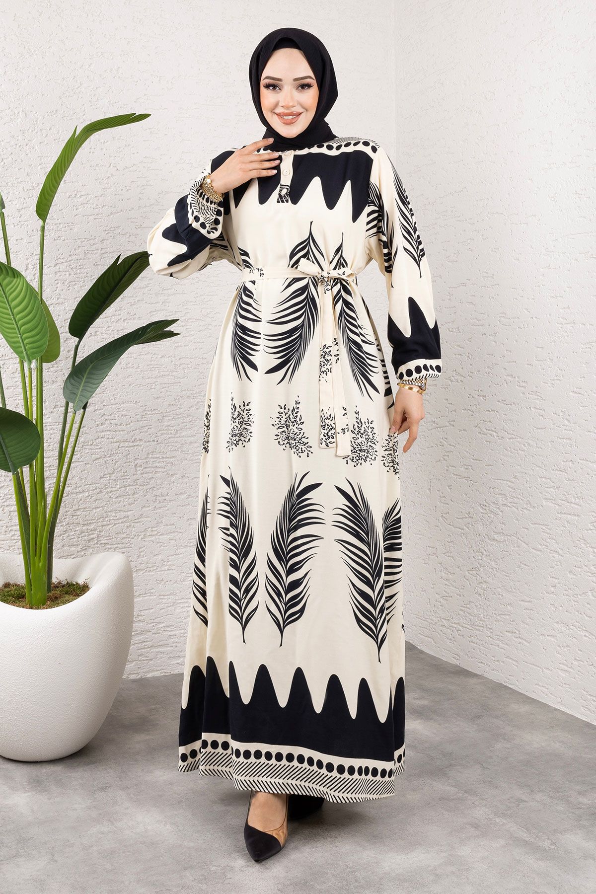 Tesettür Dünyası-Φόρεμα Waterway Viscose με έθνικ σχέδιο - TSD 240955   Μαύρο 1