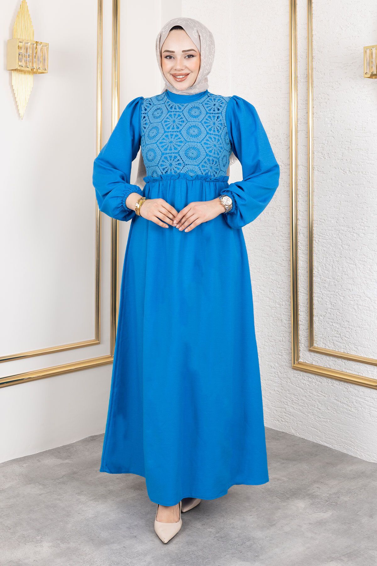Tesettür Dünyası-Blaues Hijab-Kleid – Spitzendetail vorne, TSD 240519 4