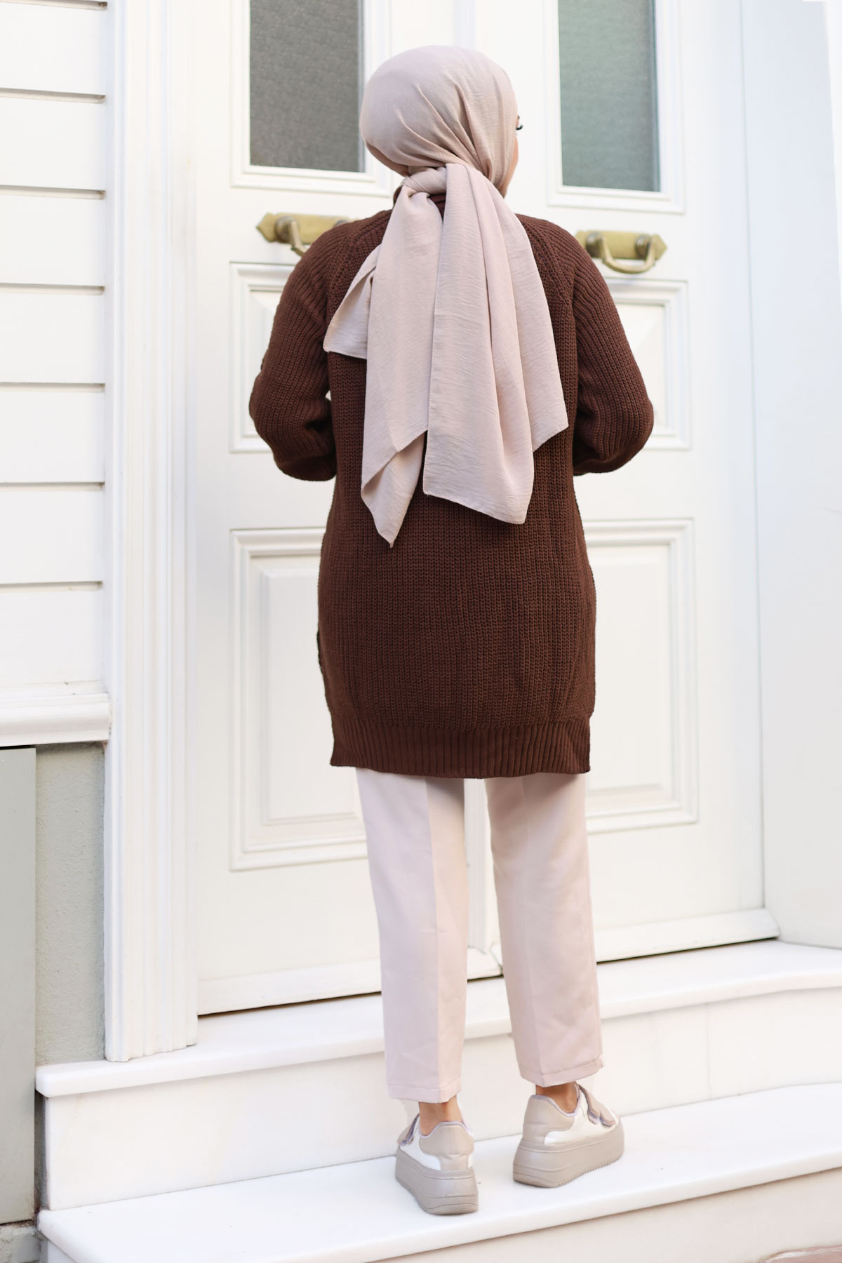 Tesettür Dünyası-Hair Knit Patterned Judge Collar Knitwear Tunic - TSD 240801 Brown 5