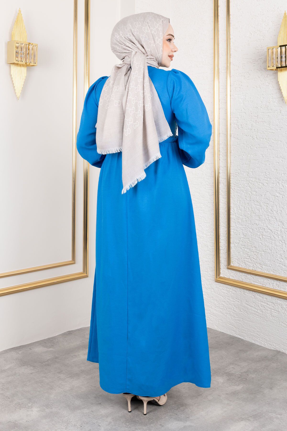 Tesettür Dünyası-Blaues Hijab-Kleid – Spitzendetail vorne, TSD 240519 5