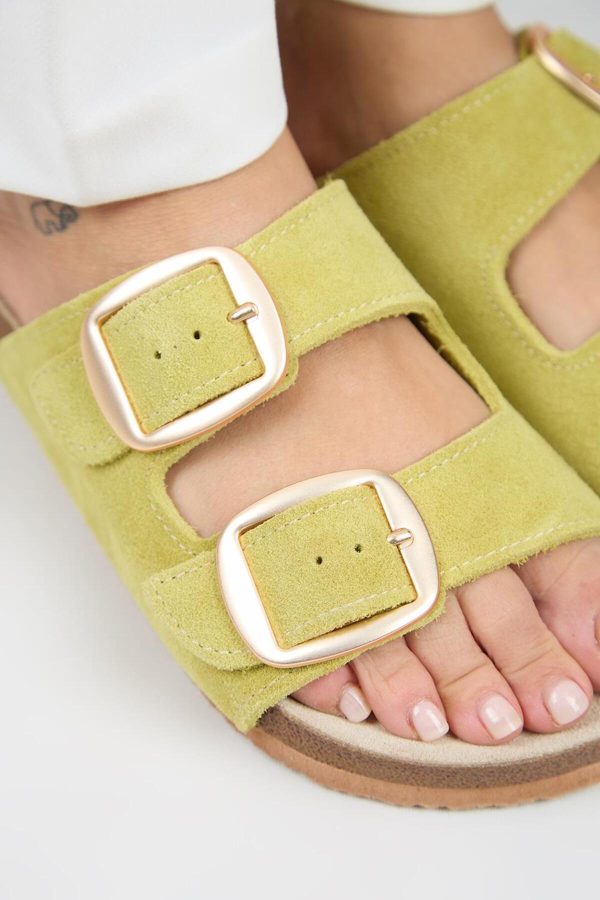 Manijero-Irene Genuine Leather Double Buckle Pistachio Green Slippers 4