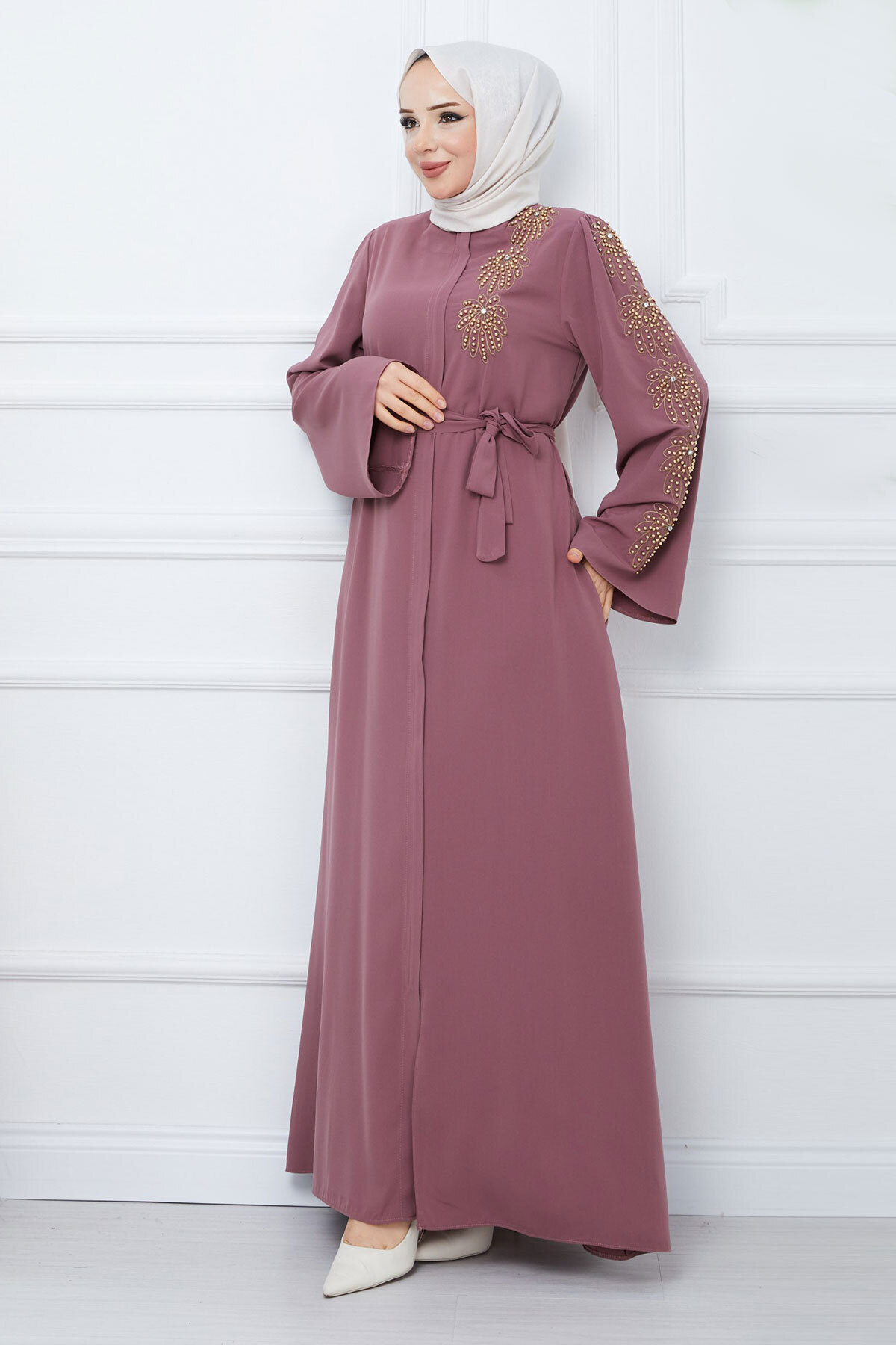 Tesettür Dünyası-Griff Perlen Bestickt Gürtel Hijab Ferace TSD240203 Getrocknete Rose 4