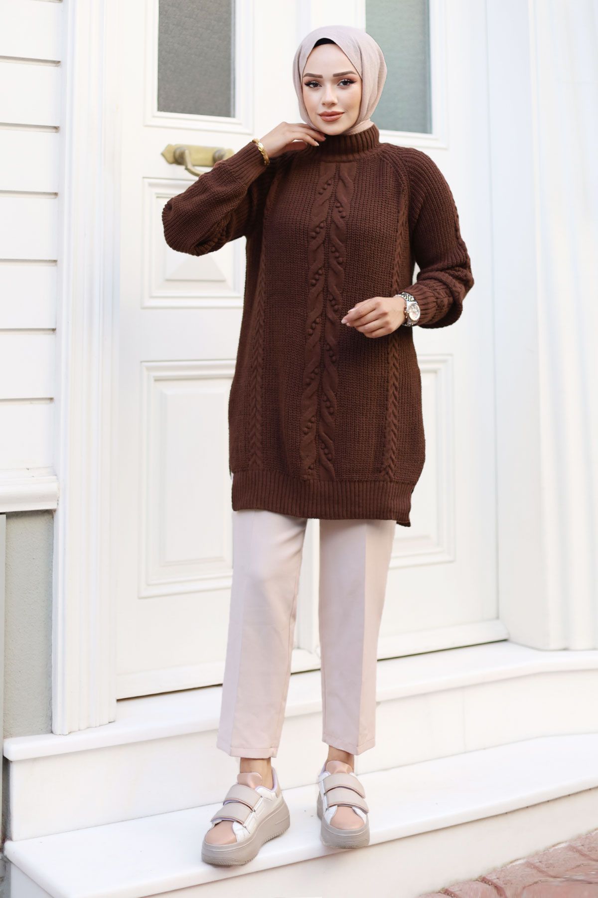 Tesettür Dünyası-Hair Knit Patterned Judge Collar Knitwear Tunic - TSD 240801 Brown 1