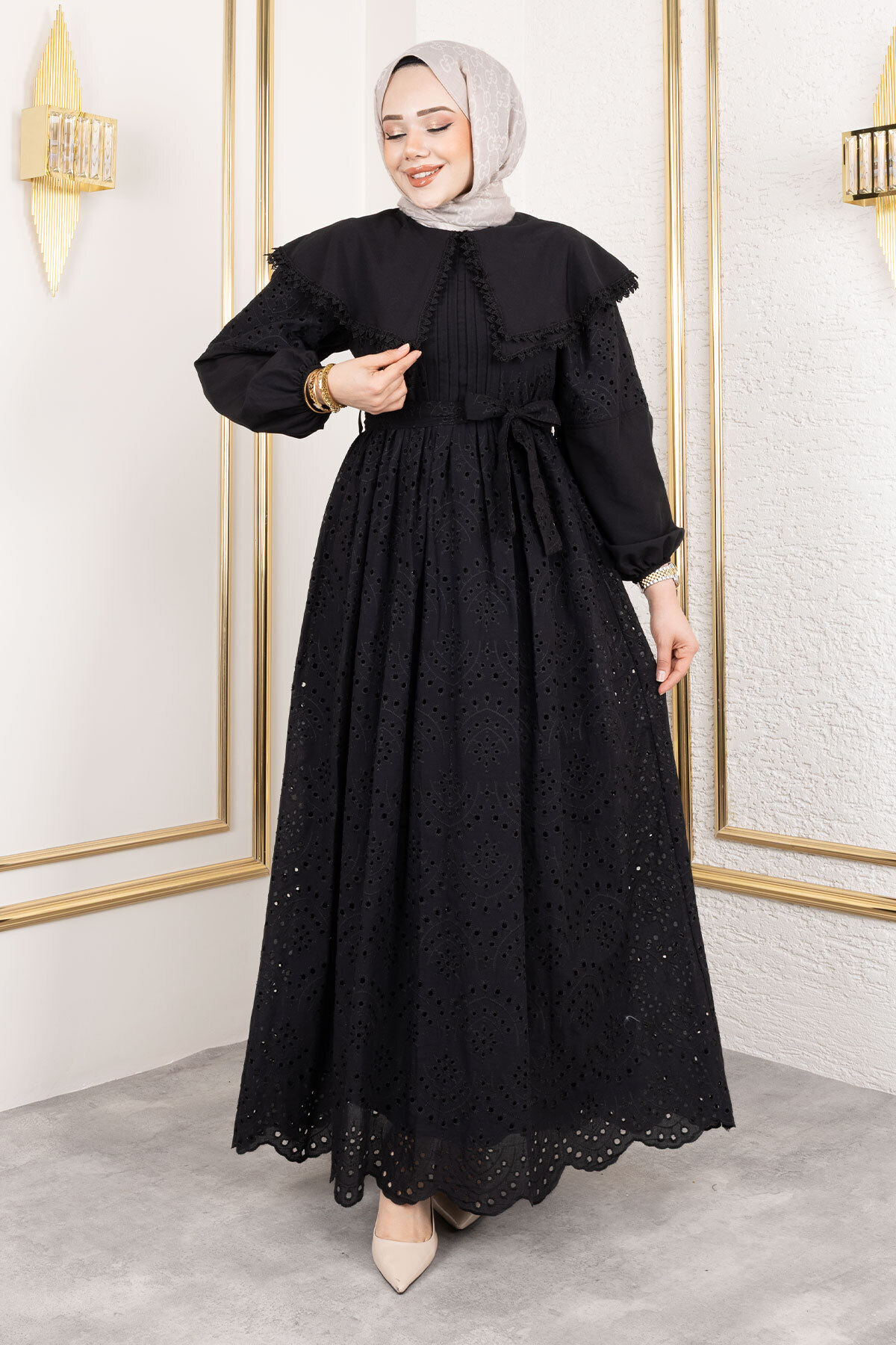 Tesettür Dünyası-Baby Collar Belted Dress Tsd250158 Black 4