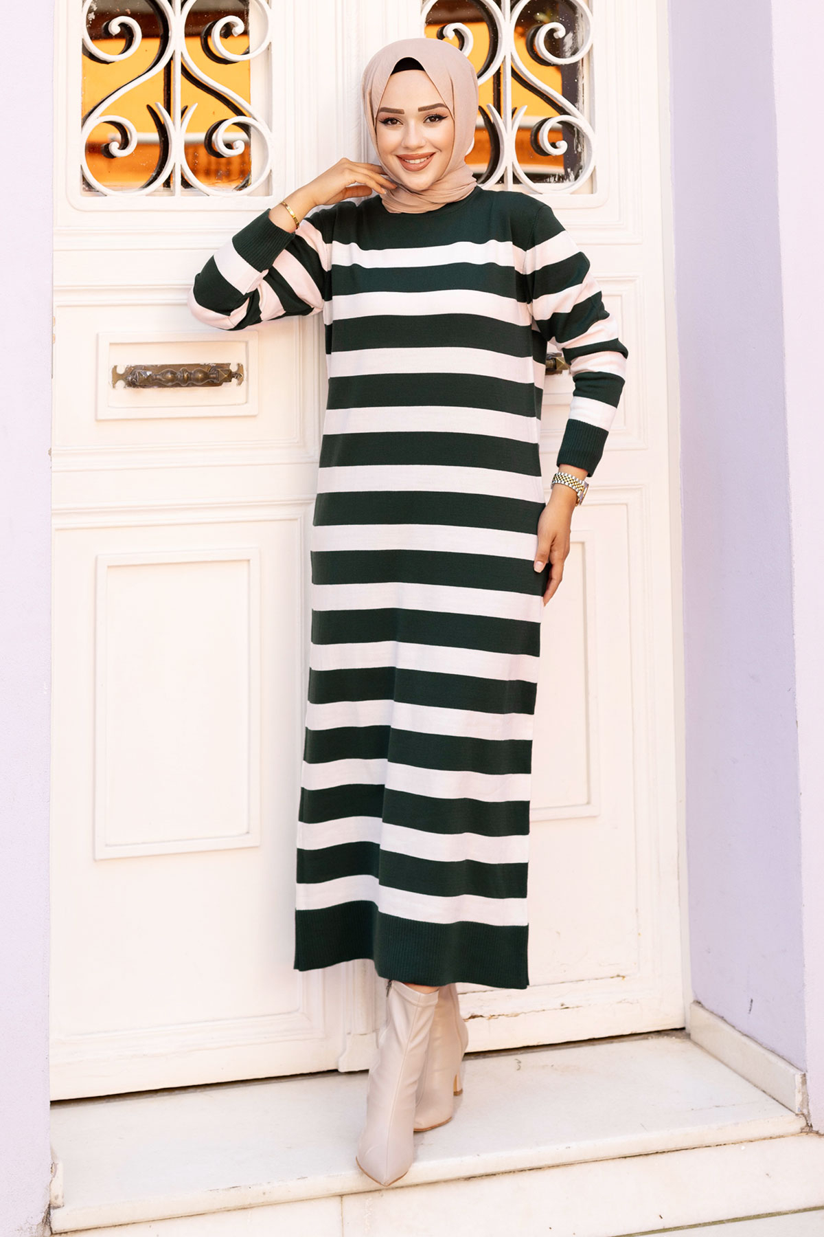 Striped Knitwear Long Dress TSD240719 Emerald Green