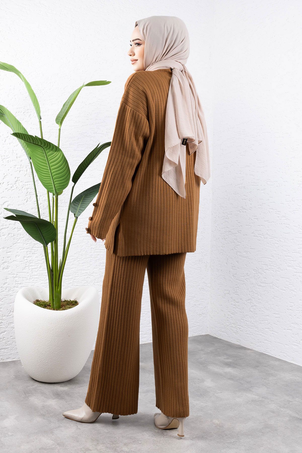 Tesettür Dünyası-Taba Knitwear Set - Tsd with Handle End Button Detail 240947 5