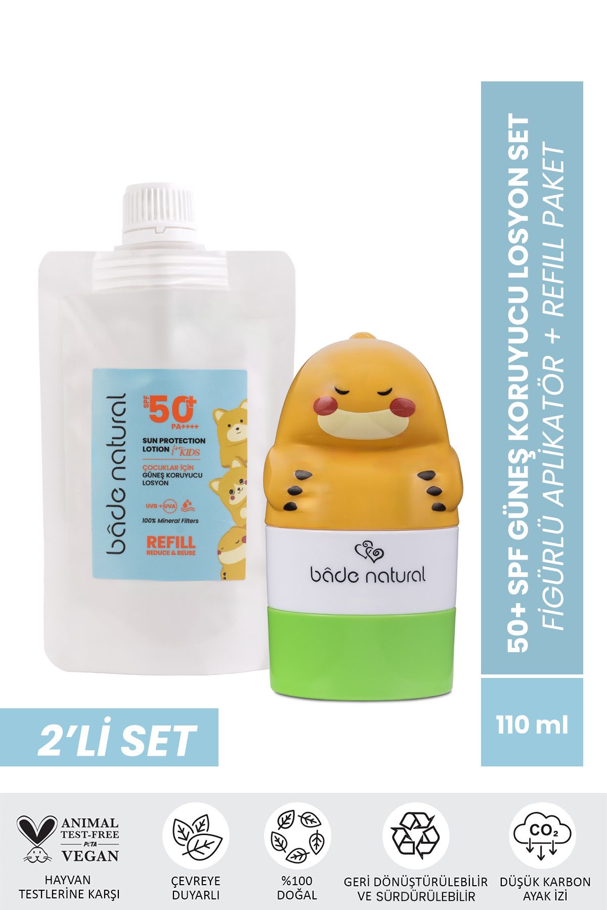 Bade Natural Çocuk Güneş Koruyucu Losyon 50+ SPF %100 Doğal Refill Paket + Dinozor Figürlü Aplikatör Set