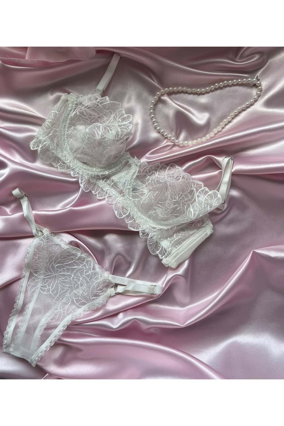 RUNA UNDERWEAR Beyaz Dantelli Balenli 2'li Bralet Takım-string Tanga Takımı- Sütyen Takım