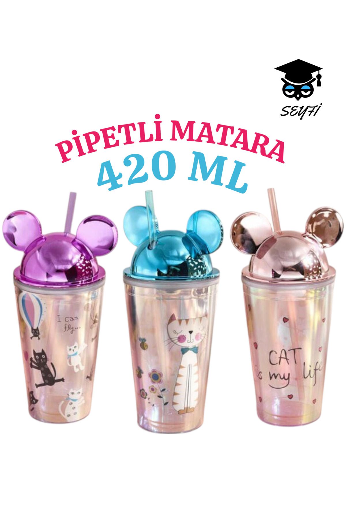 SEYFİKİRTASİYE 1 adet Desenli plastik pipetli bardak 500ml karma renk yollanmaktadır