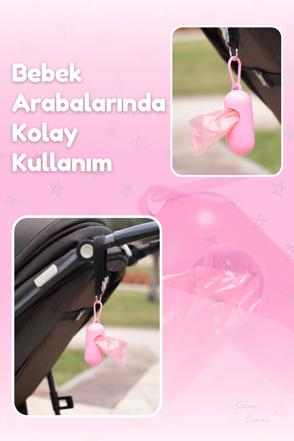 BAMM BAMM Kirli Bebek Bezi Çöp Poşeti Çanta Boy Pembe Taşıma Çantası Ve 2 Rulo (30 POŞET) fotoğrafı 5 (önizleme)