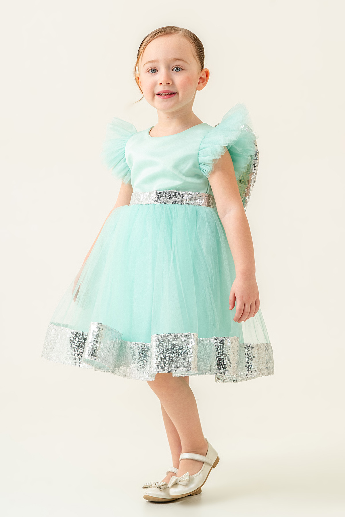 Eray Kids Kız Çocuk Abiye Elbise Fırfırlı Kol Kanatlı Pullu 3-6 Yaş