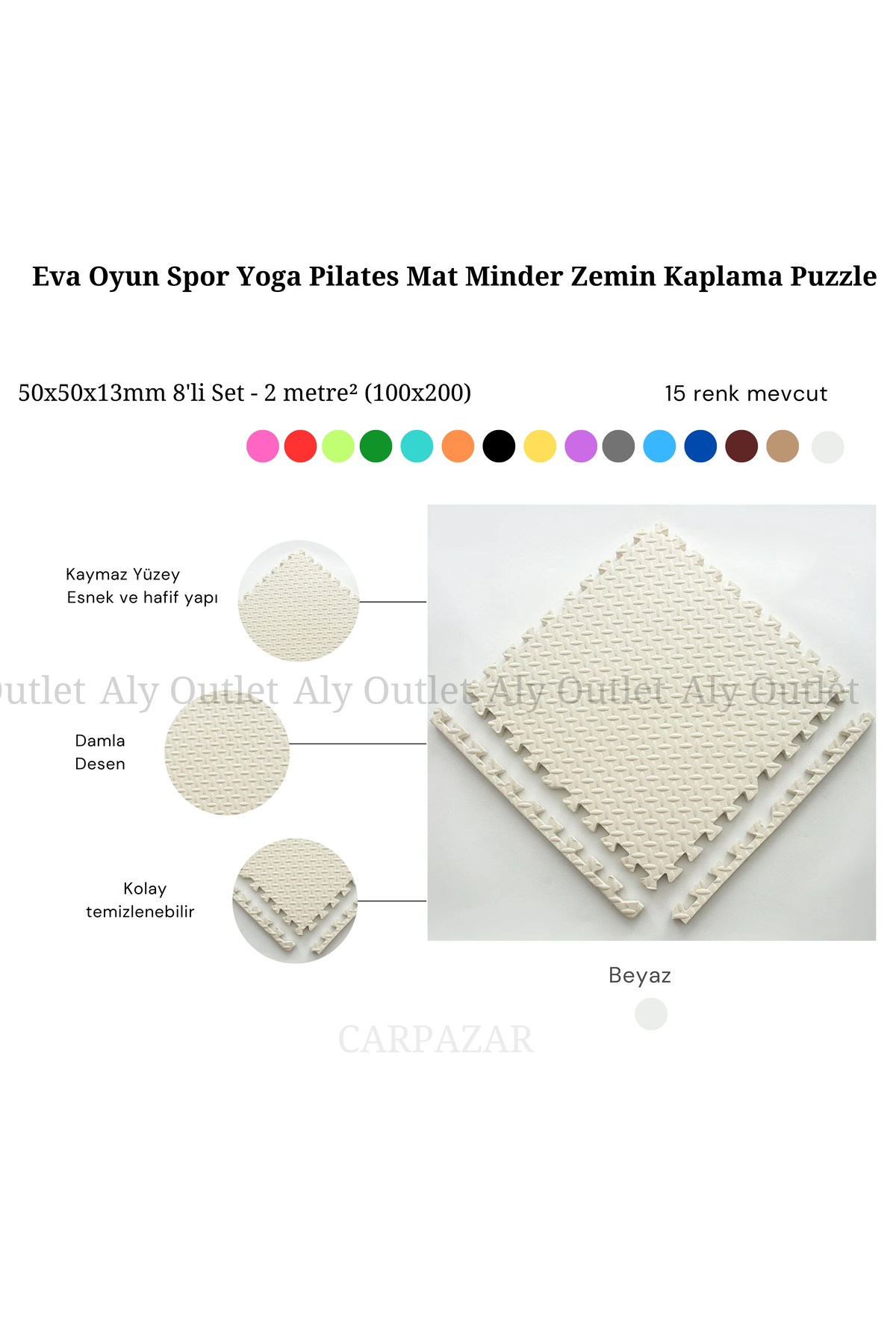 CARPAZAR Damla Desen Tatami Eva Spor Yoga Pilates Oyun Matı Halısı Minderi Puzzle 50x50 13mm 8 Adet 100x200 fotoğrafı 2 (önizleme)