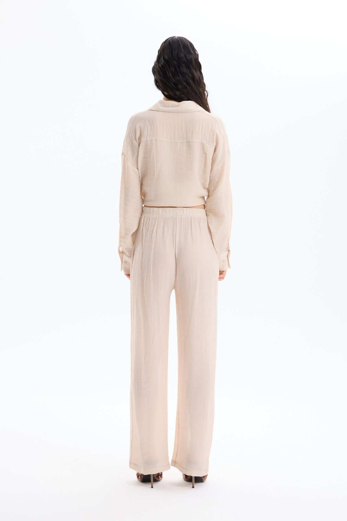 Quzu-Elastic Waist Textured Trousers Stone 5