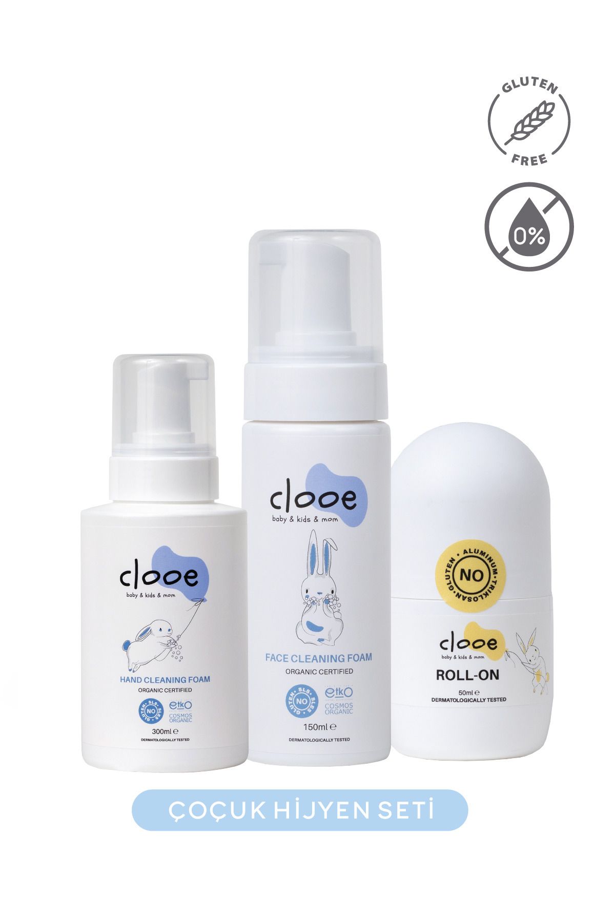 clooe Çocuk Hijyen Seti - El Yıkama Köpüğü (300ML) - Yüz Yıkama Köpüğü (150ML) - Doğal Roll- On (50ML)