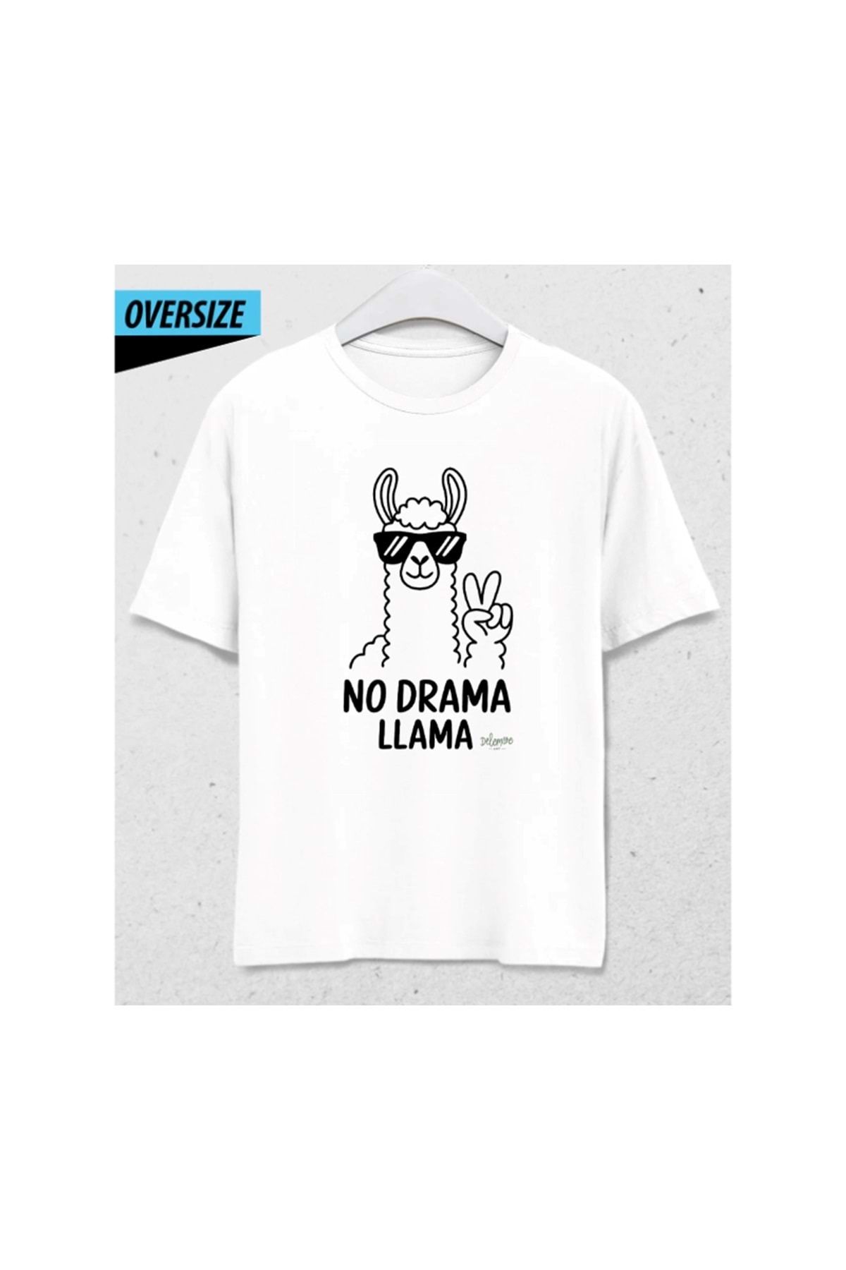 HENA DİZAYN No Drama Llama Oversize T-Shirt – Cool Lama Kulübü Beyaz