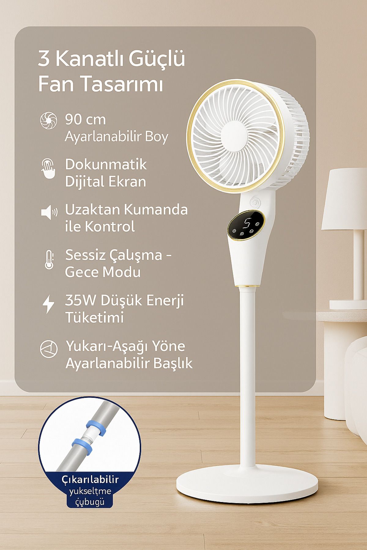 Kılıforyum Akıllı Vantilatör 90cm - Dijital Ekranlı | Sessiz & Uzaktan Kumandalı | 3 Kademeli Fan