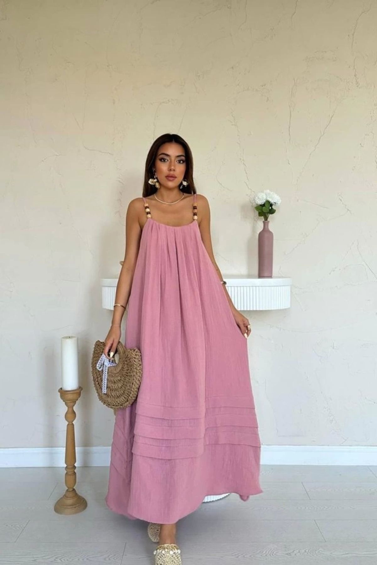 Silerra Pembe Askılı Müslin Elbise
