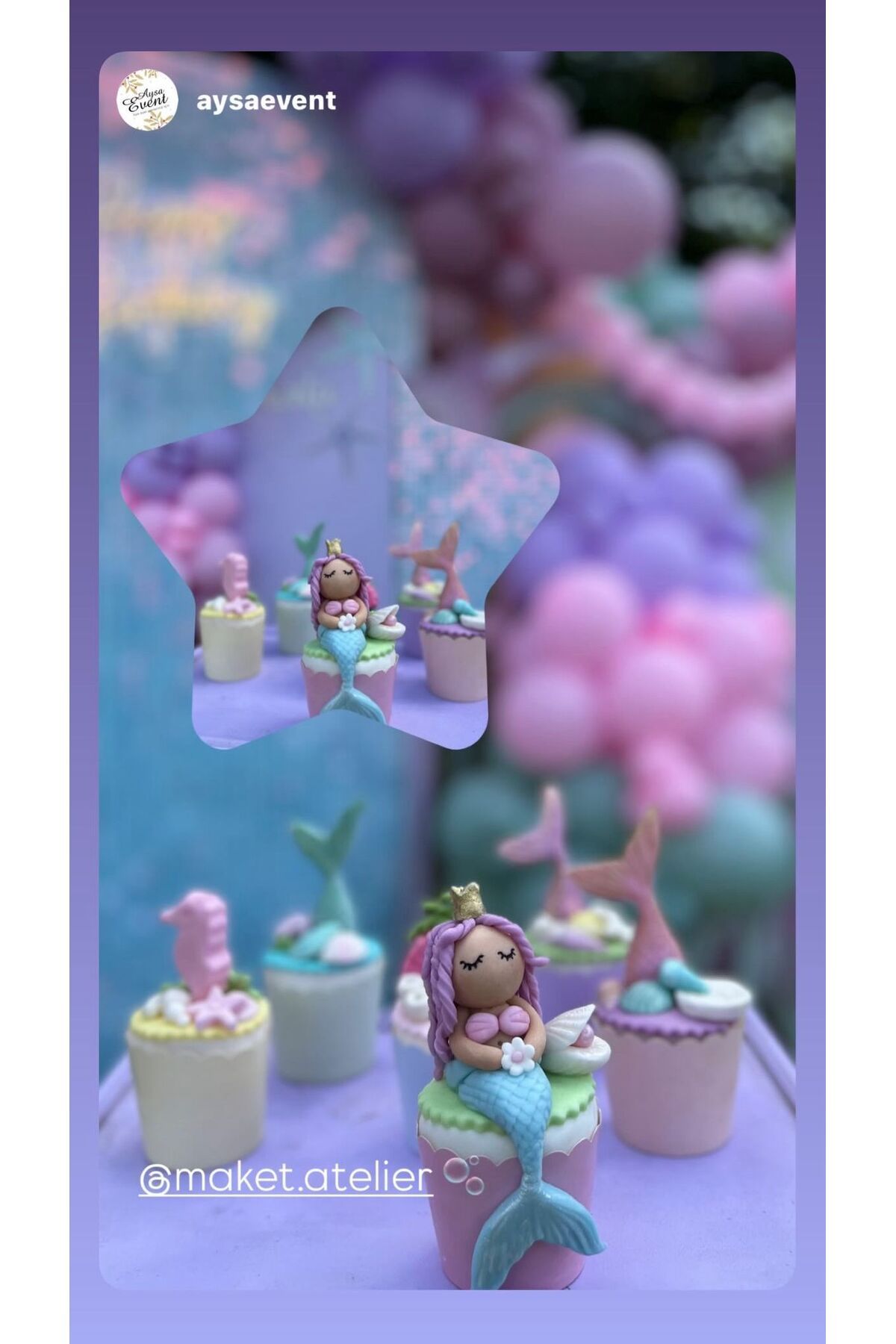 Maket Atelier Şeker Hamurundan Deniz Kızı Temalı 6’lı Cupcake Seti - El yapımı