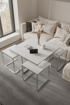 home plus mobilya Astana 5'li Gümüş Beyaz 12 Mm Parlak Mdf Orta Sehpa & Zigon...