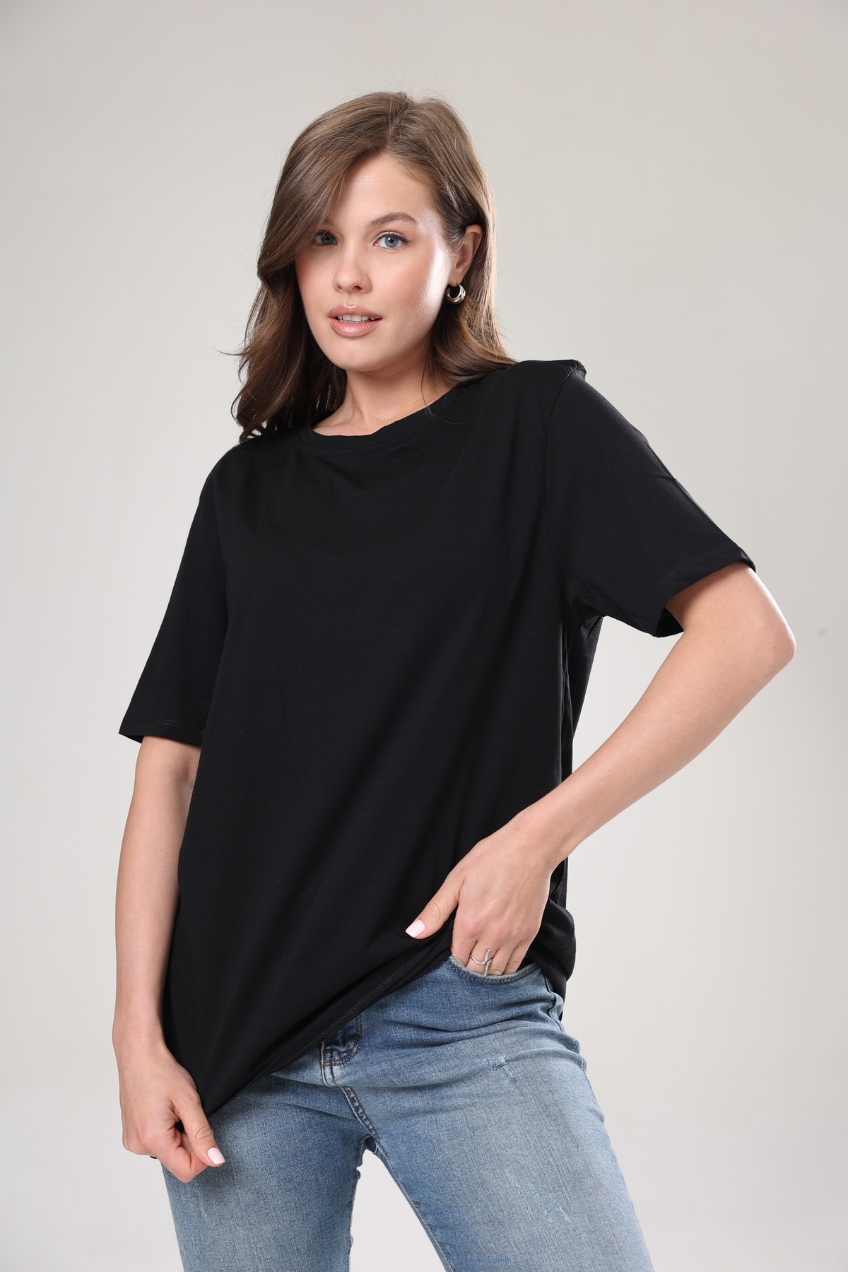 Tight Lady  Süper Kalite Kadın %100 Pamuk Siyah Bisiklet Yaka Oversize Boyfriend T-shirt - Görsel 5