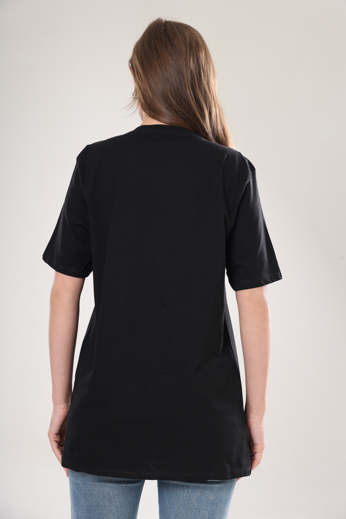 Tight Lady  Süper Kalite Kadın %100 Pamuk Siyah Bisiklet Yaka Oversize Boyfriend T-shirt - Görsel 9