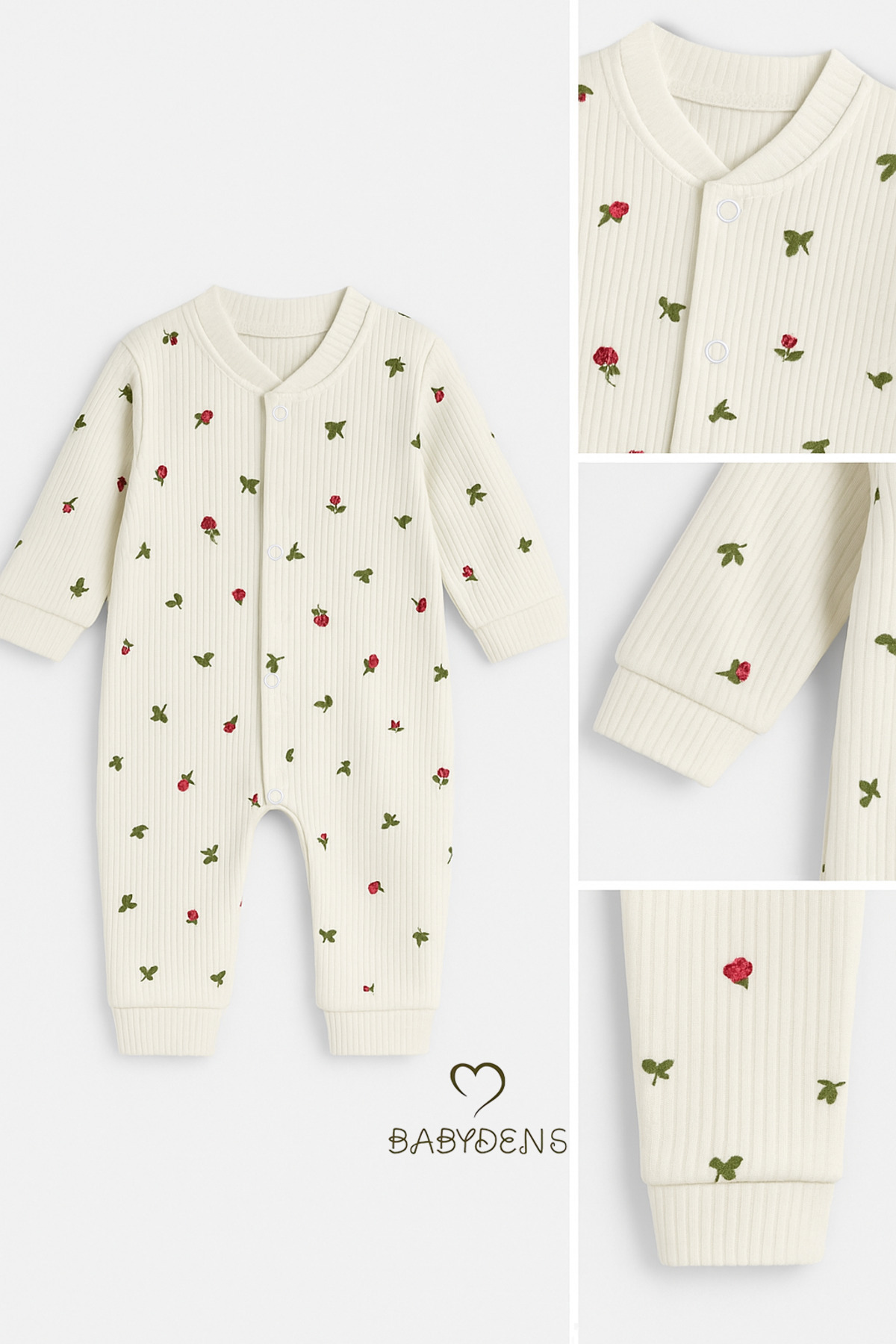 BABYDEN'S Çiçek Desenli Pamuklu Fitilli Ribana Çıtçıtlı Bebek Tulum Manşetli Paça Kız Bebek Yenidoğan Tulum fotoğrafı 2 (önizleme)