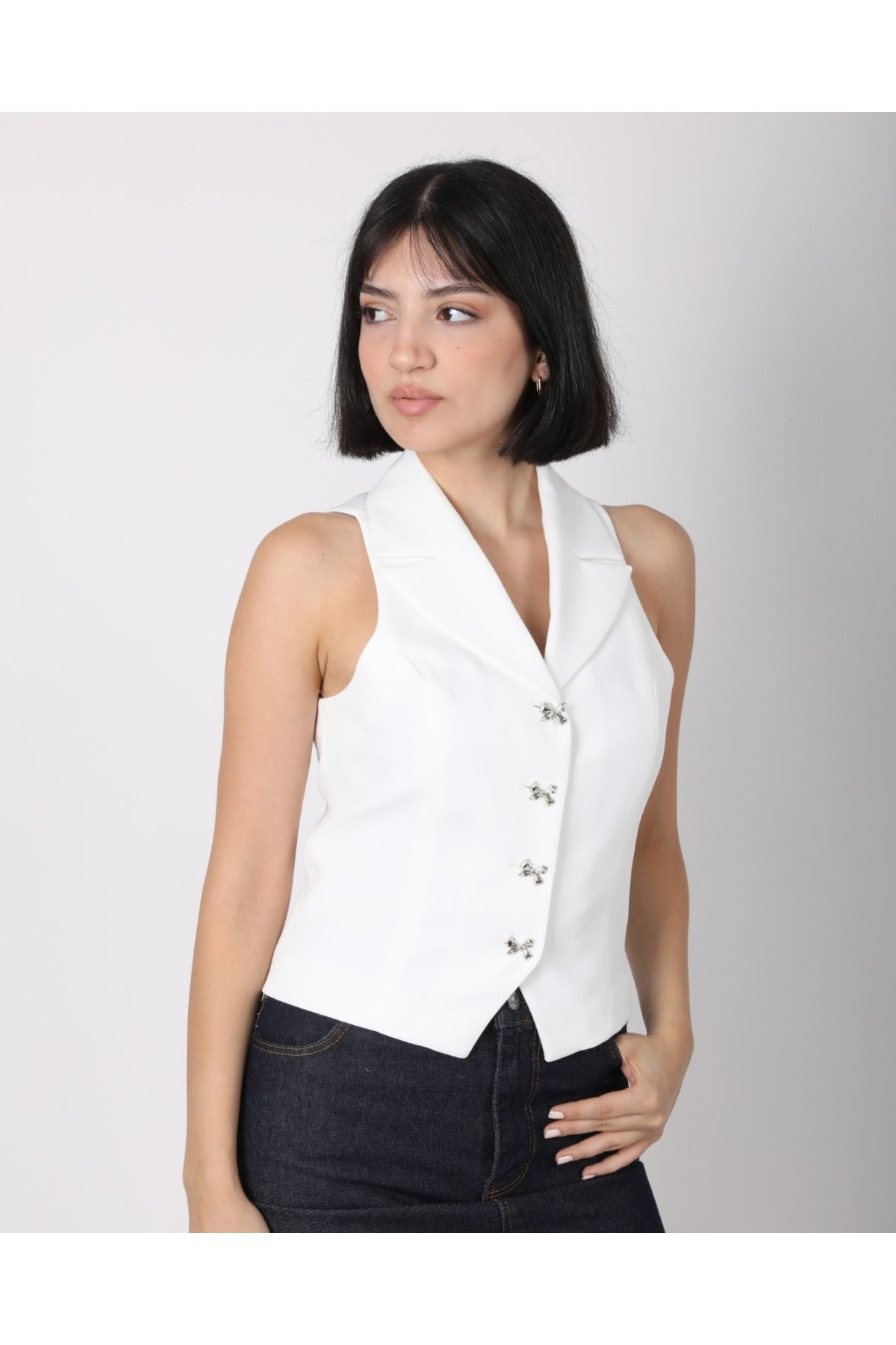 DEQ FASHION-Women's White Bow Buttoned Blazer Vest 5